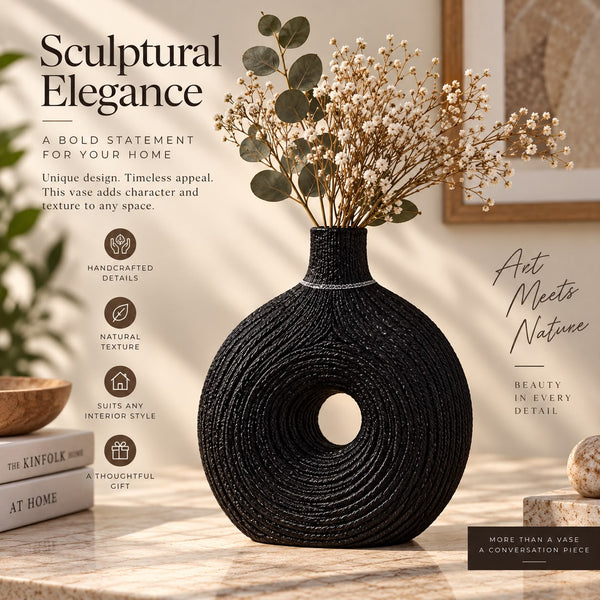 Woven Rope Donut Vase — Black